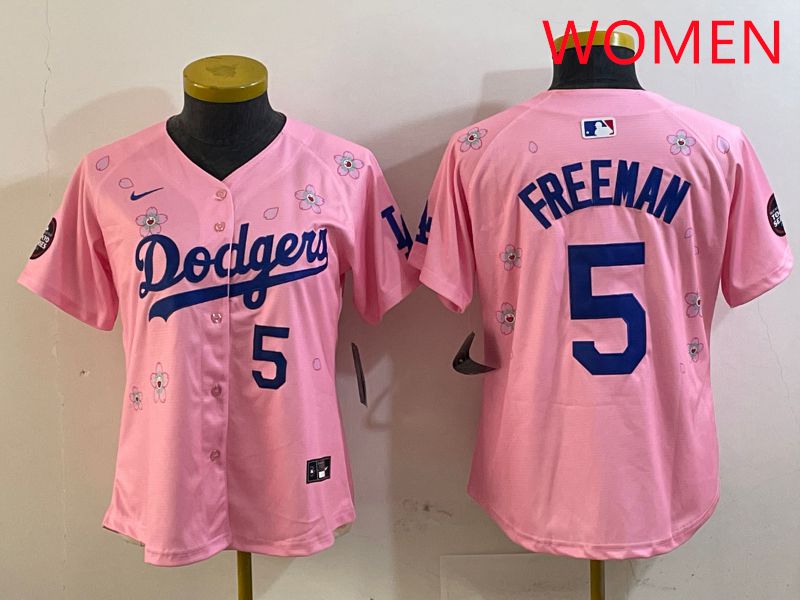 Women Los Angeles Dodgers 5 Freeman Pink Sakura Edition 2025 Nike MLB Jersey style 9